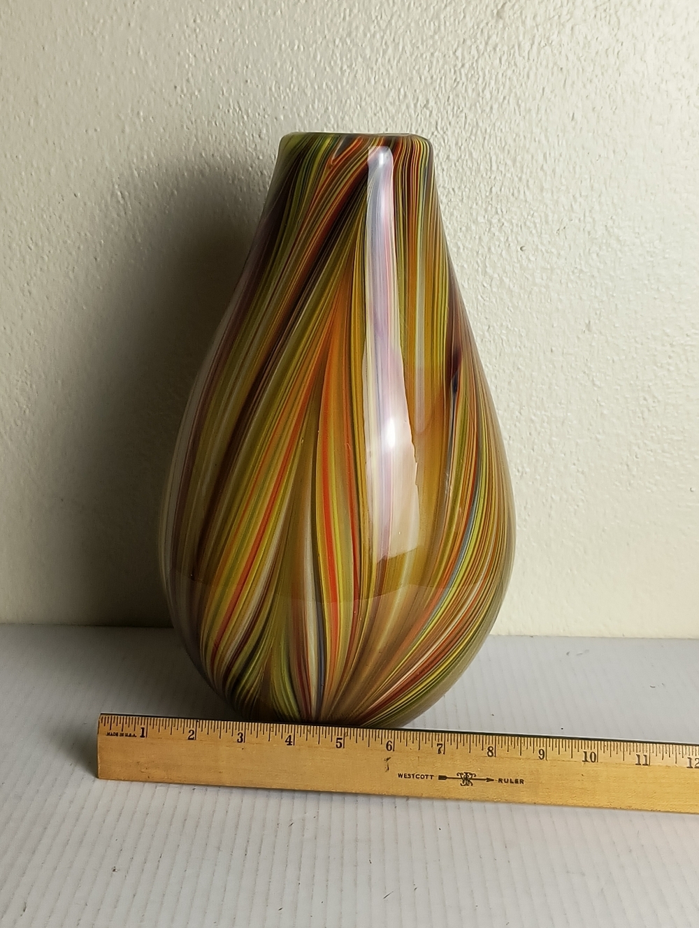 Murano Vintage Handblown Swirl Glass Vase in Yellow and Orange Abstract Design
